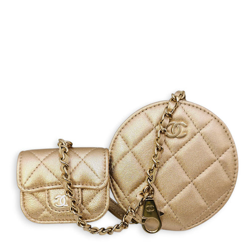 Quilted Duo Round Metallic Gold Clip on Purse in Lambskin, Gold hardware