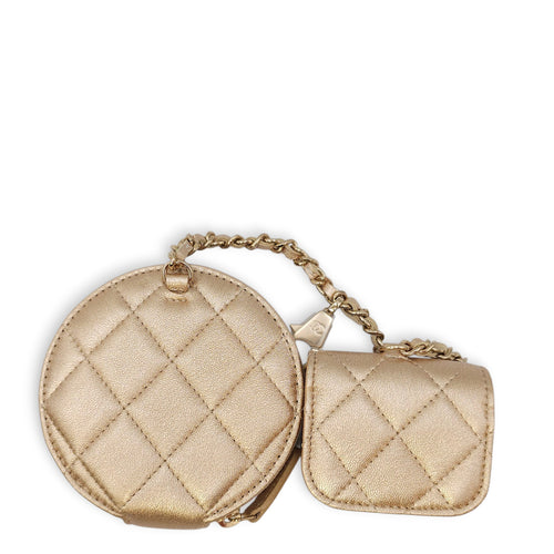 Quilted Duo Round Metallic Gold Clip on Purse in Lambskin, Gold hardware