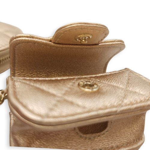 Quilted Duo Round Metallic Gold Clip on Purse in Lambskin, Gold hardware