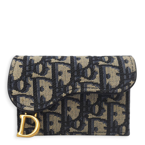 Saddle Lotus Blue Oblique Card Holder in Canvas, Gold hardware