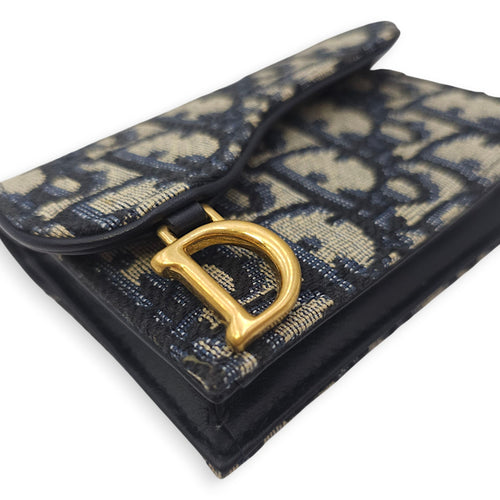 Saddle Lotus Blue Oblique Card Holder in Canvas, Gold hardware