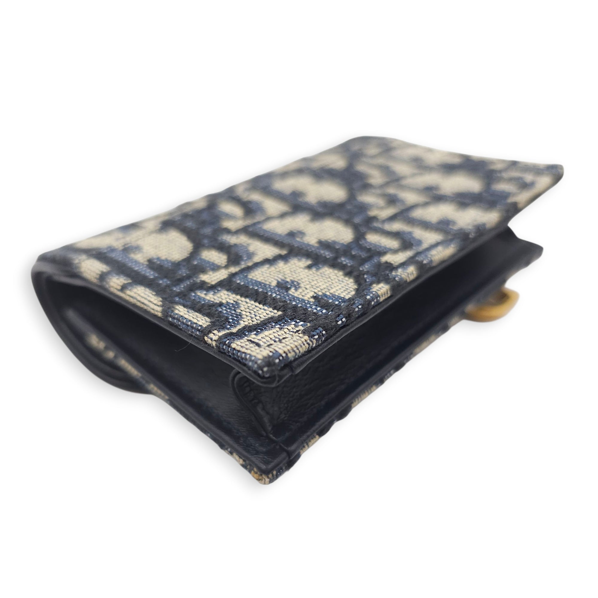 Saddle Lotus Blue Oblique Card Holder in Canvas, Gold hardware