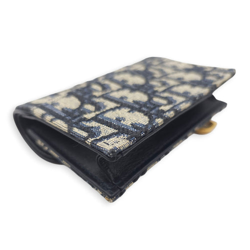 Saddle Lotus Blue Oblique Card Holder in Canvas, Gold hardware