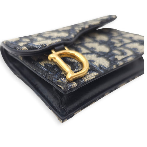 Saddle Lotus Blue Oblique Card Holder in Canvas, Gold hardware