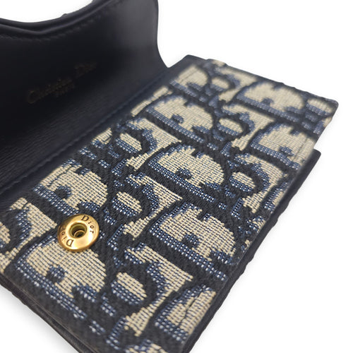 Saddle Lotus Blue Oblique Card Holder in Canvas, Gold hardware