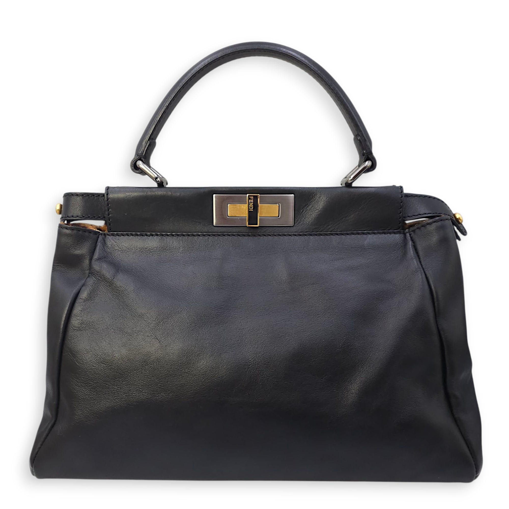 Peekaboo with Leapord Print Medium Black Shoulder Bag in Calfskin, Gold hardware