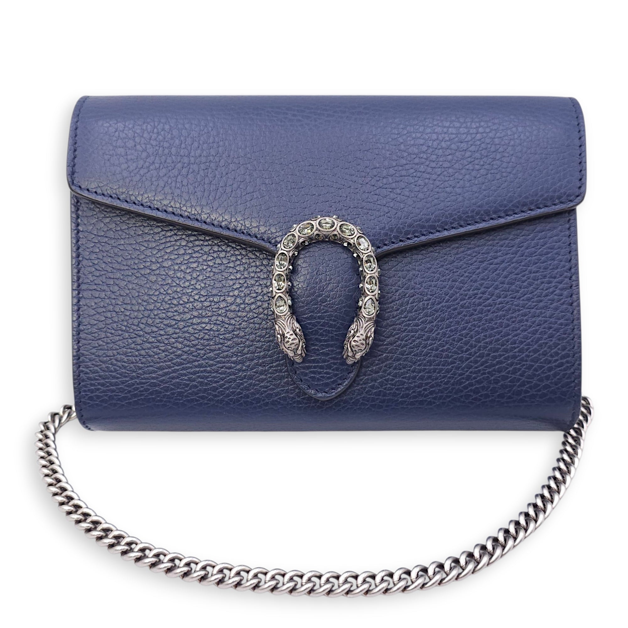 Dionysus Blue Wallet on Chain in Calfskin, Silver hardware