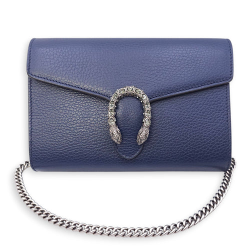 Dionysus Blue Wallet on Chain in Calfskin, Silver hardware