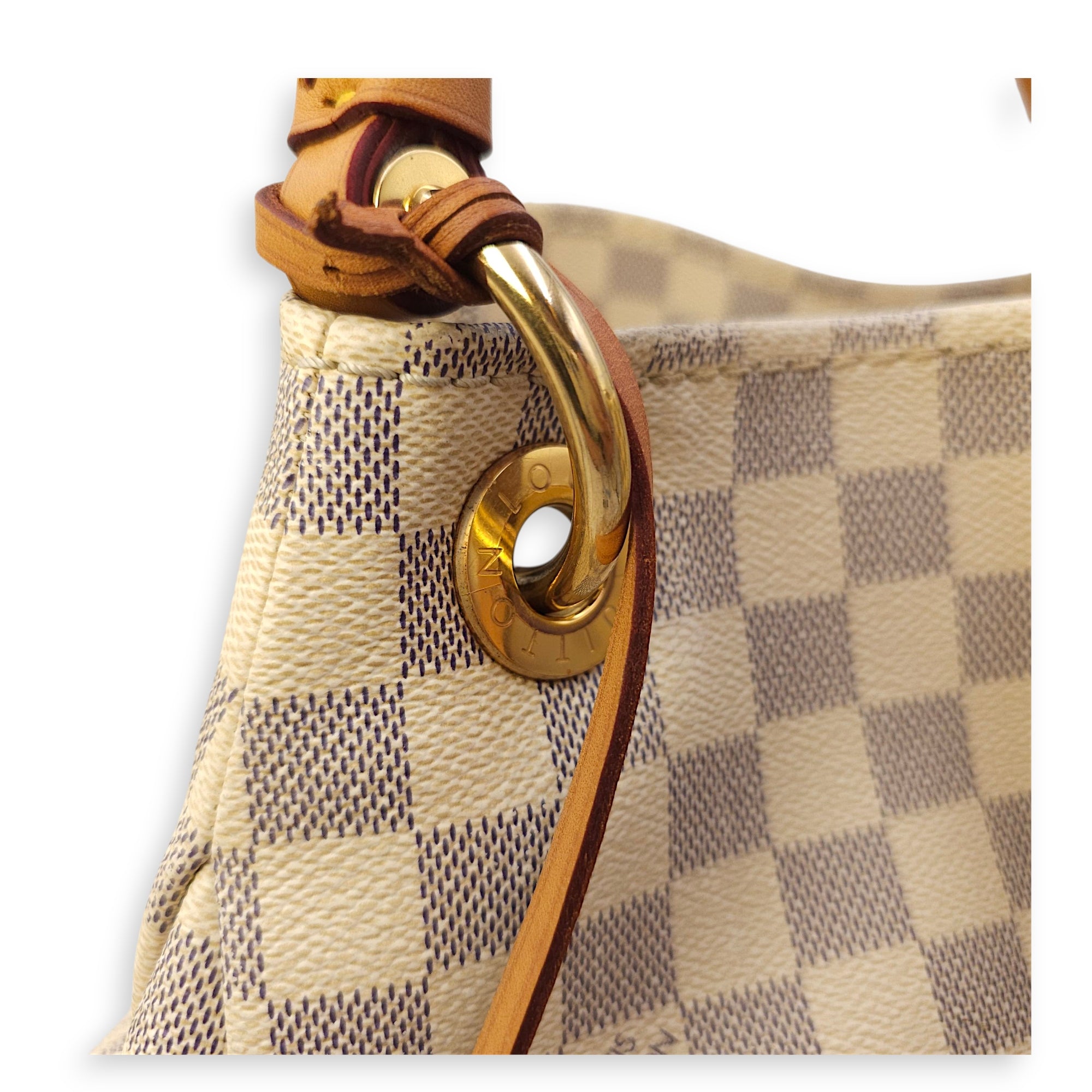 Damier Artsy Azur MM White Top Handle Bag in Canvas, Gold hardware