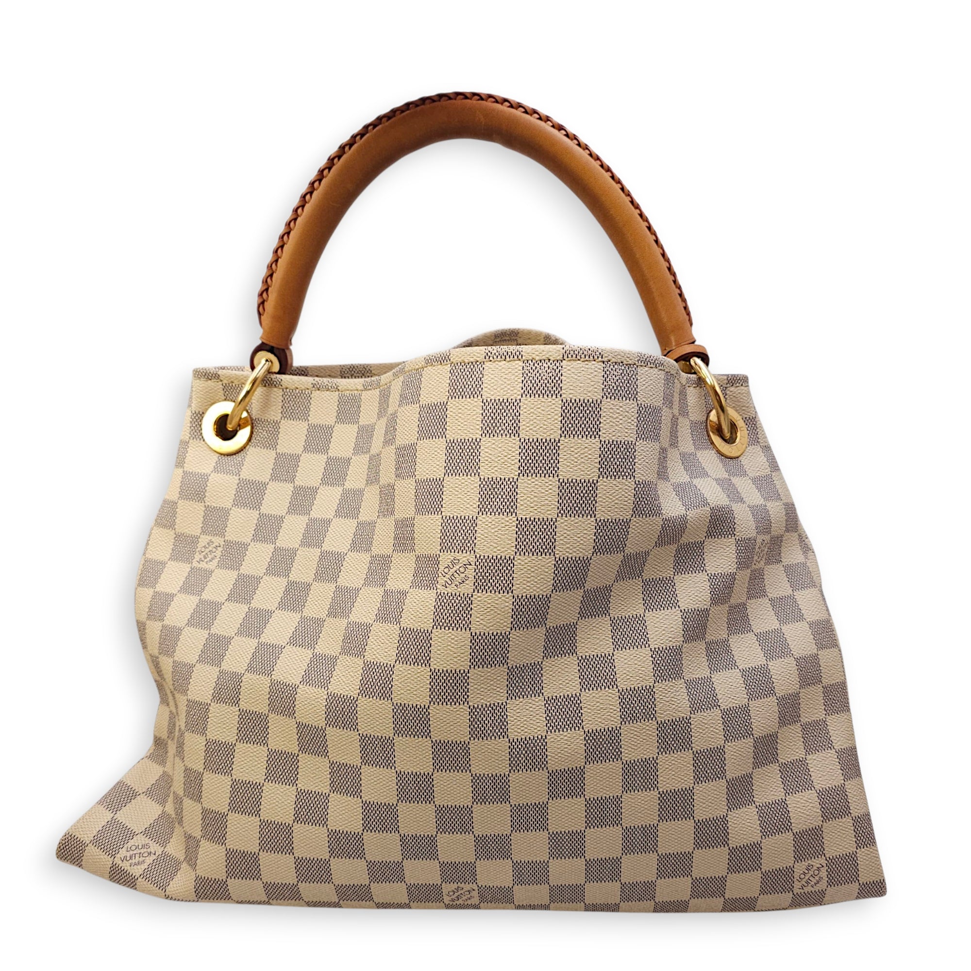Damier Artsy Azur MM White Top Handle Bag in Canvas, Gold hardware