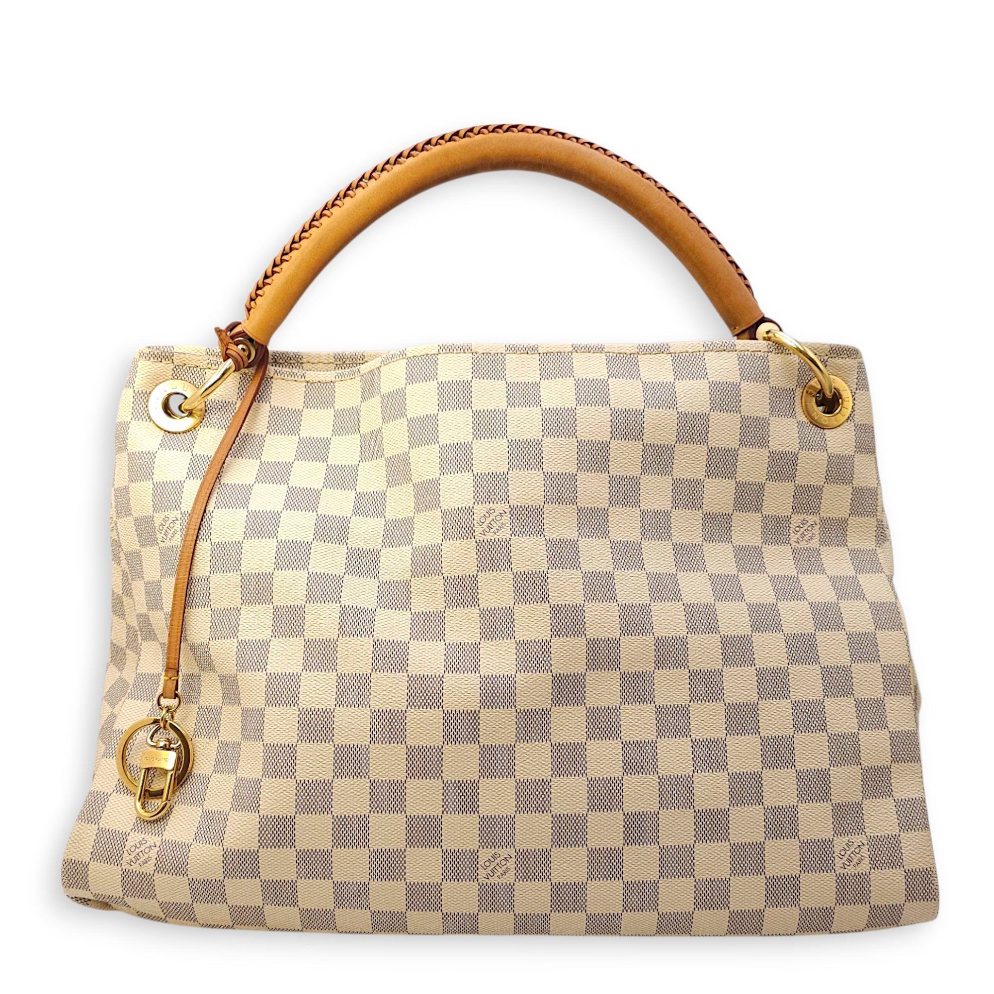 Damier Artsy Azur MM White Top Handle Bag in Canvas, Gold hardware