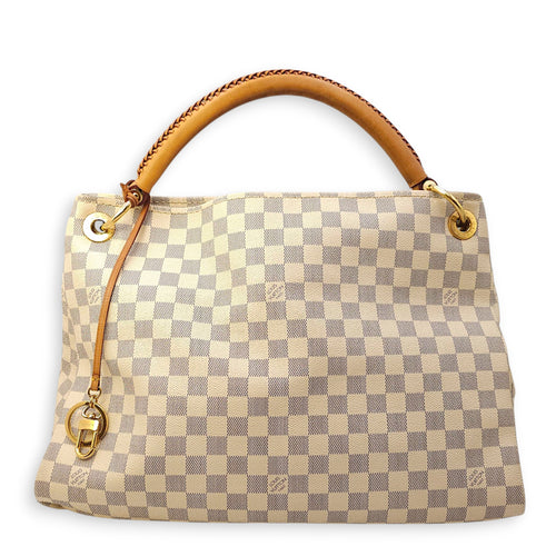 Damier Artsy Azur MM White Top Handle Bag in Canvas, Gold hardware