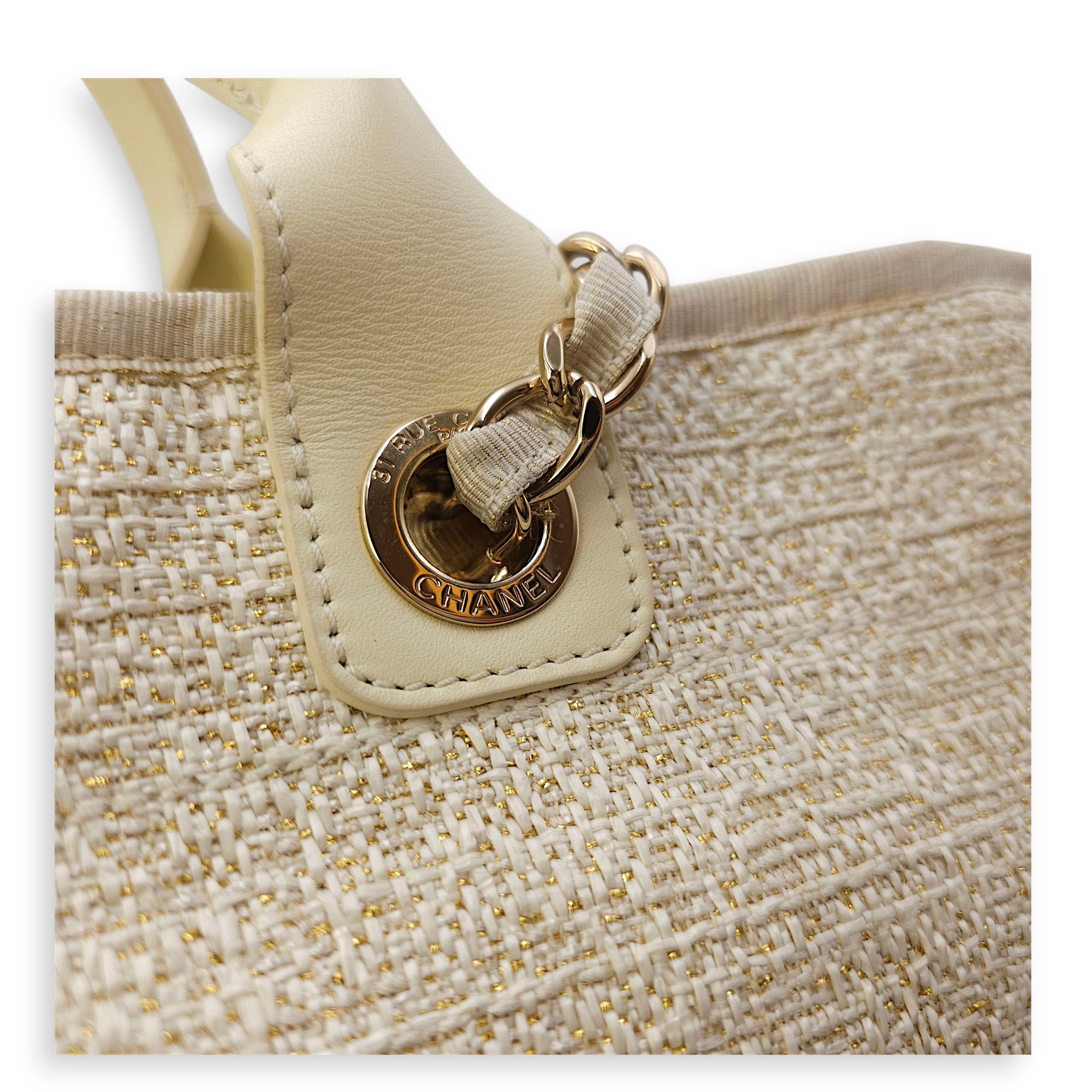 Deauville Large Cream/Beige Tote Bag in Tweed, Gold hardware