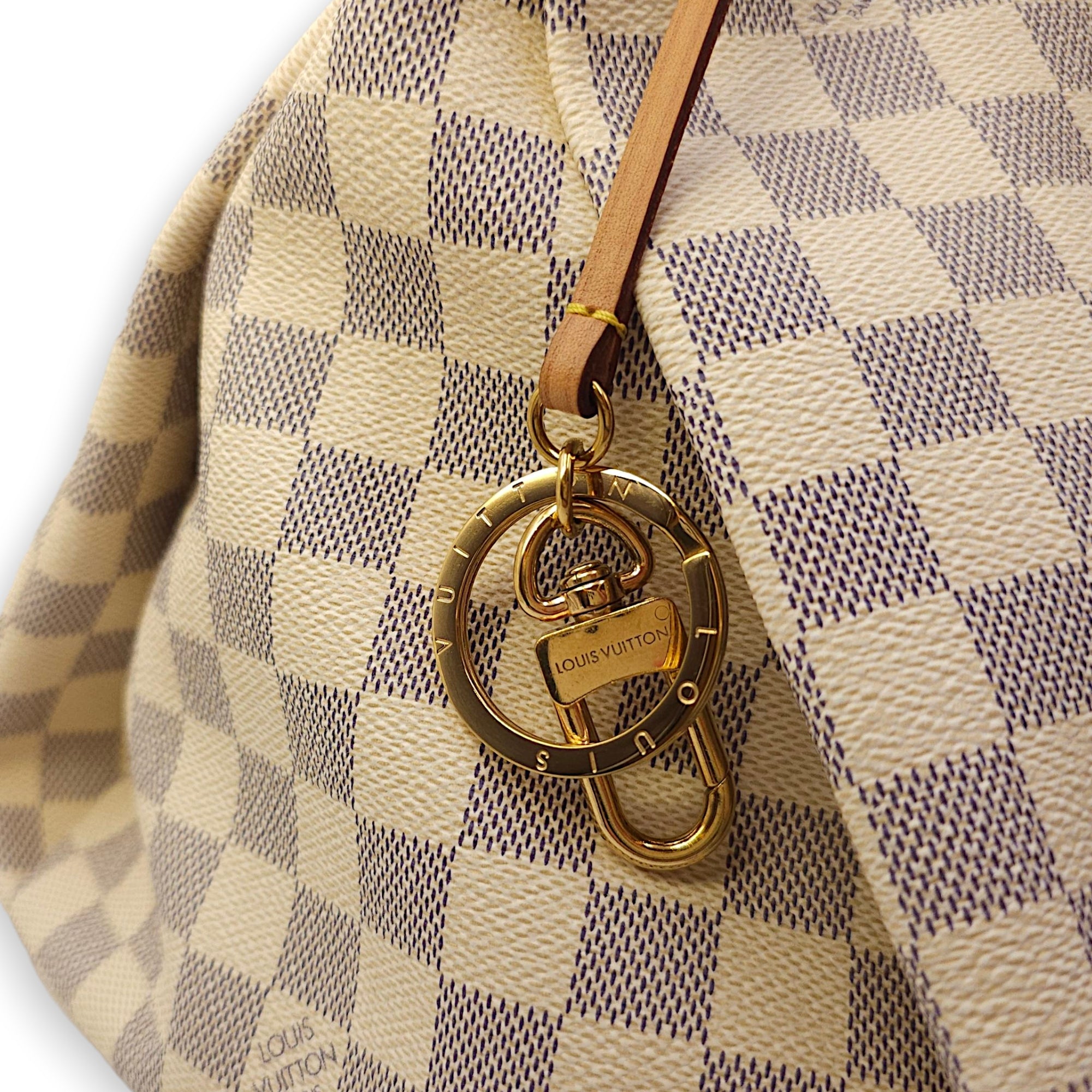 Damier Artsy Azur MM White Top Handle Bag in Canvas, Gold hardware