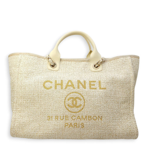 Deauville Large Cream/Beige Tote Bag in Tweed, Gold hardware