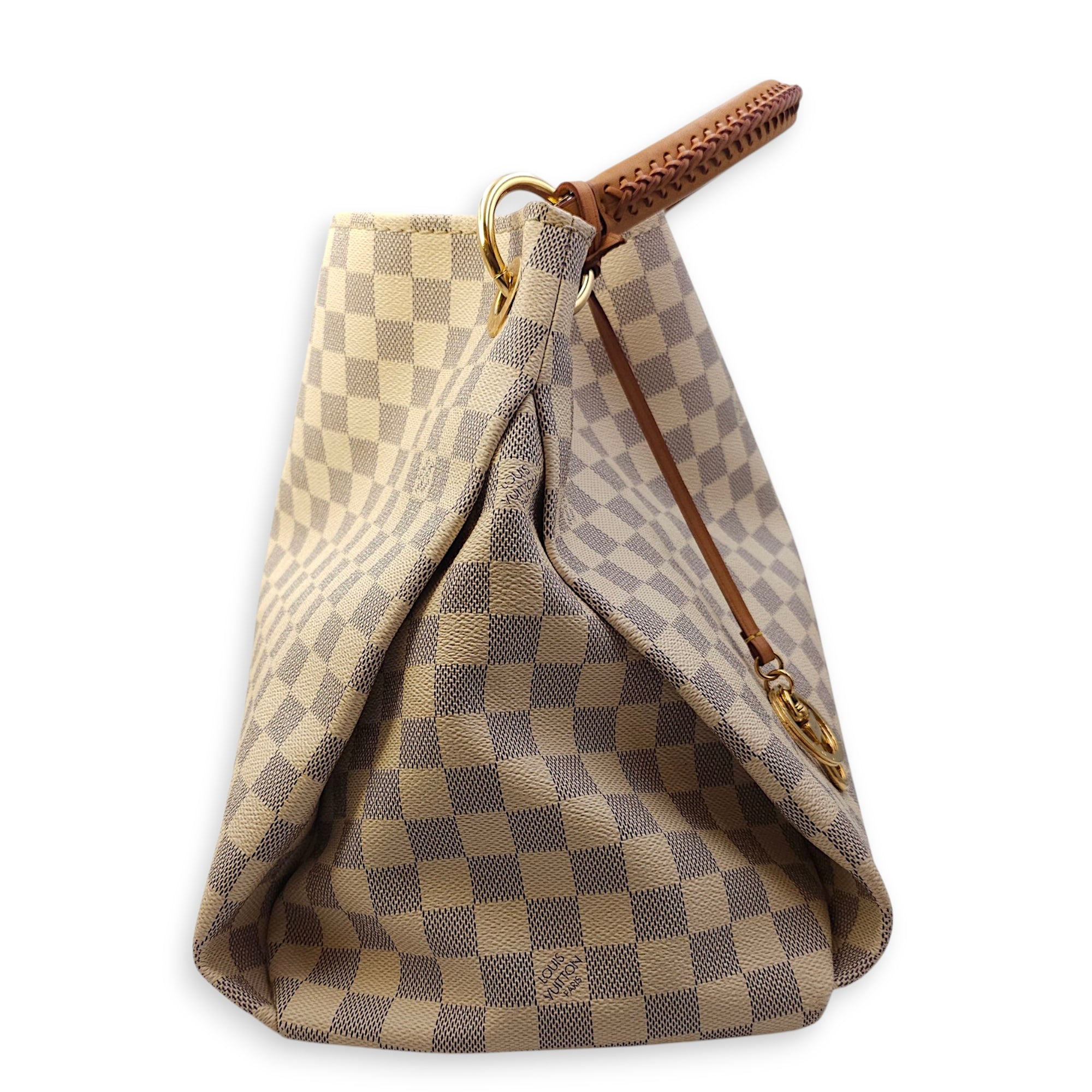 Damier Artsy Azur MM White Top Handle Bag in Canvas, Gold hardware