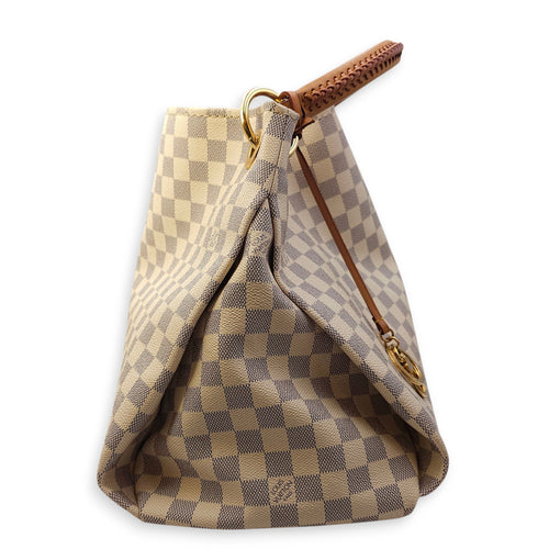 Damier Artsy Azur MM White Top Handle Bag in Canvas, Gold hardware