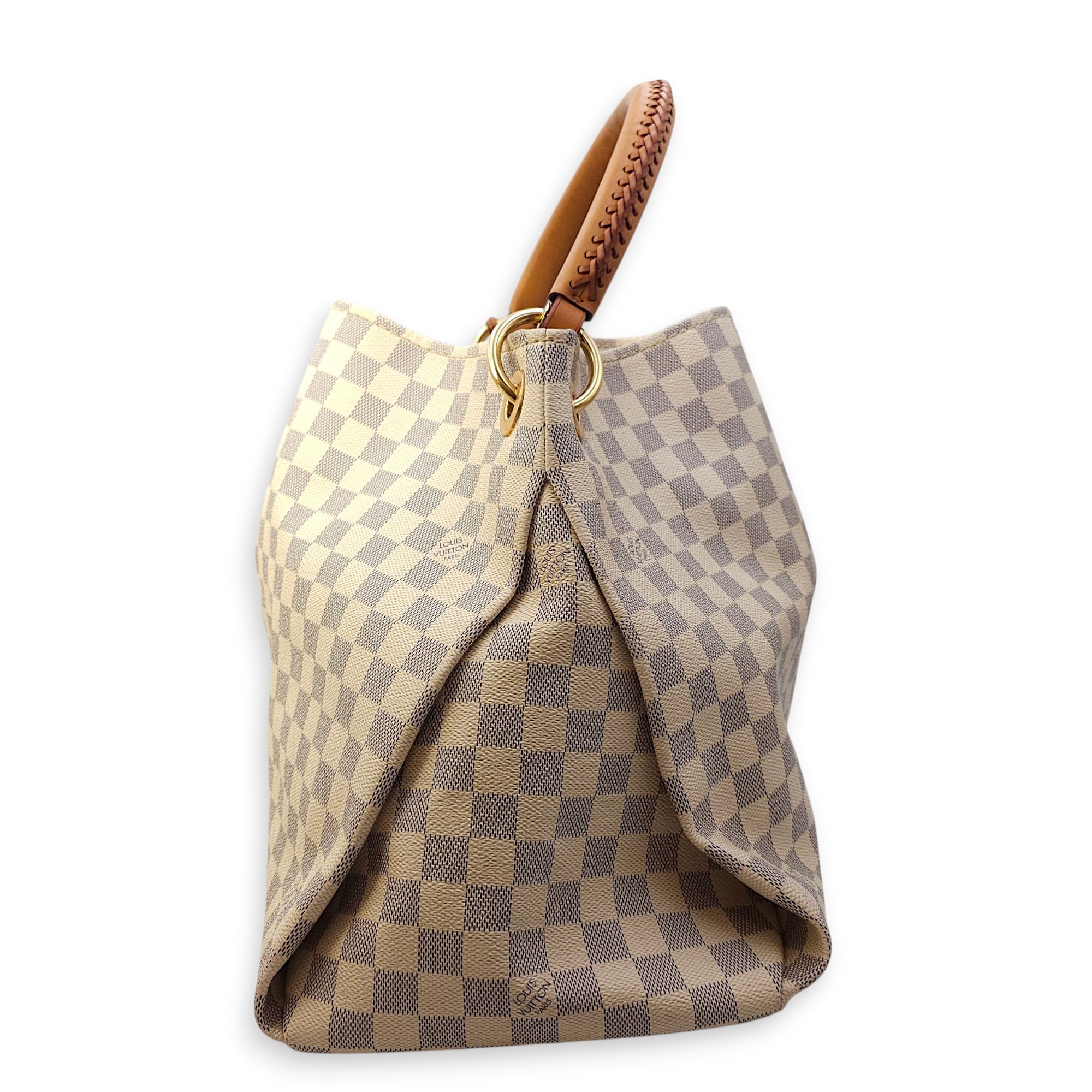 Damier Artsy Azur MM White Top Handle Bag in Canvas, Gold hardware