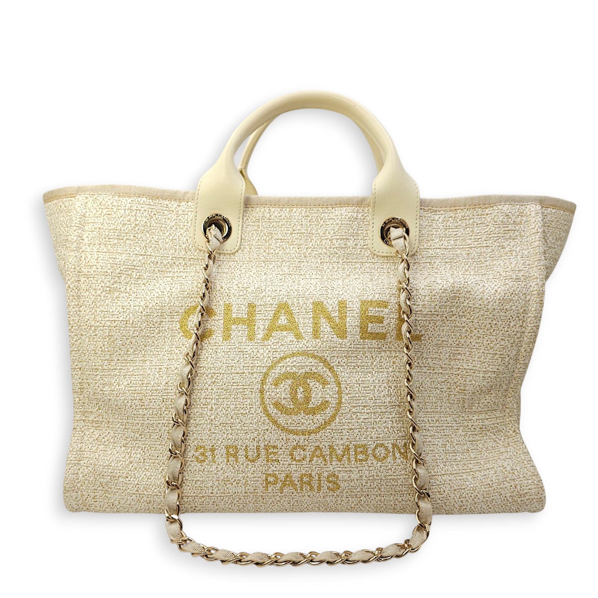 Deauville Large Cream/Beige Tote Bag in Tweed, Gold hardware