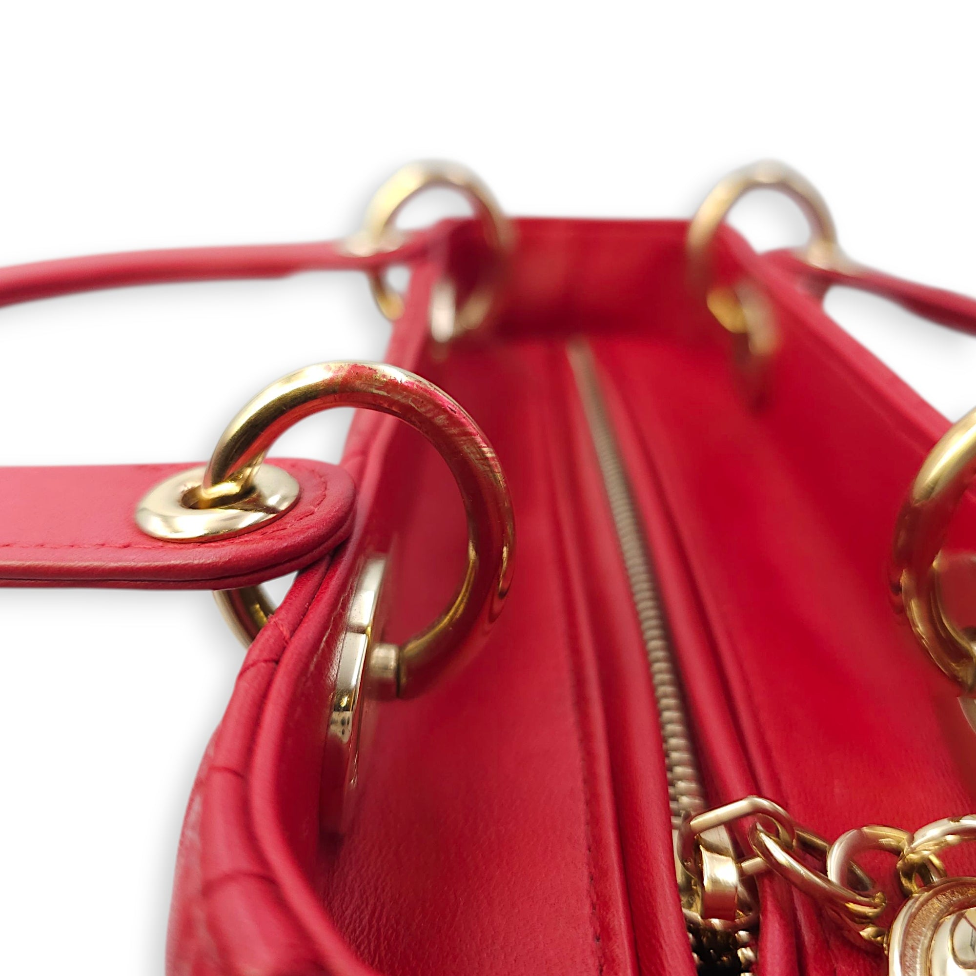 Lady Dior Medium Red Shoulder Bag in Lambskin, Gold hardware