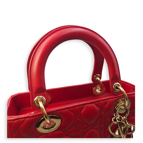 Lady Dior Medium Red Shoulder Bag in Lambskin, Gold hardware
