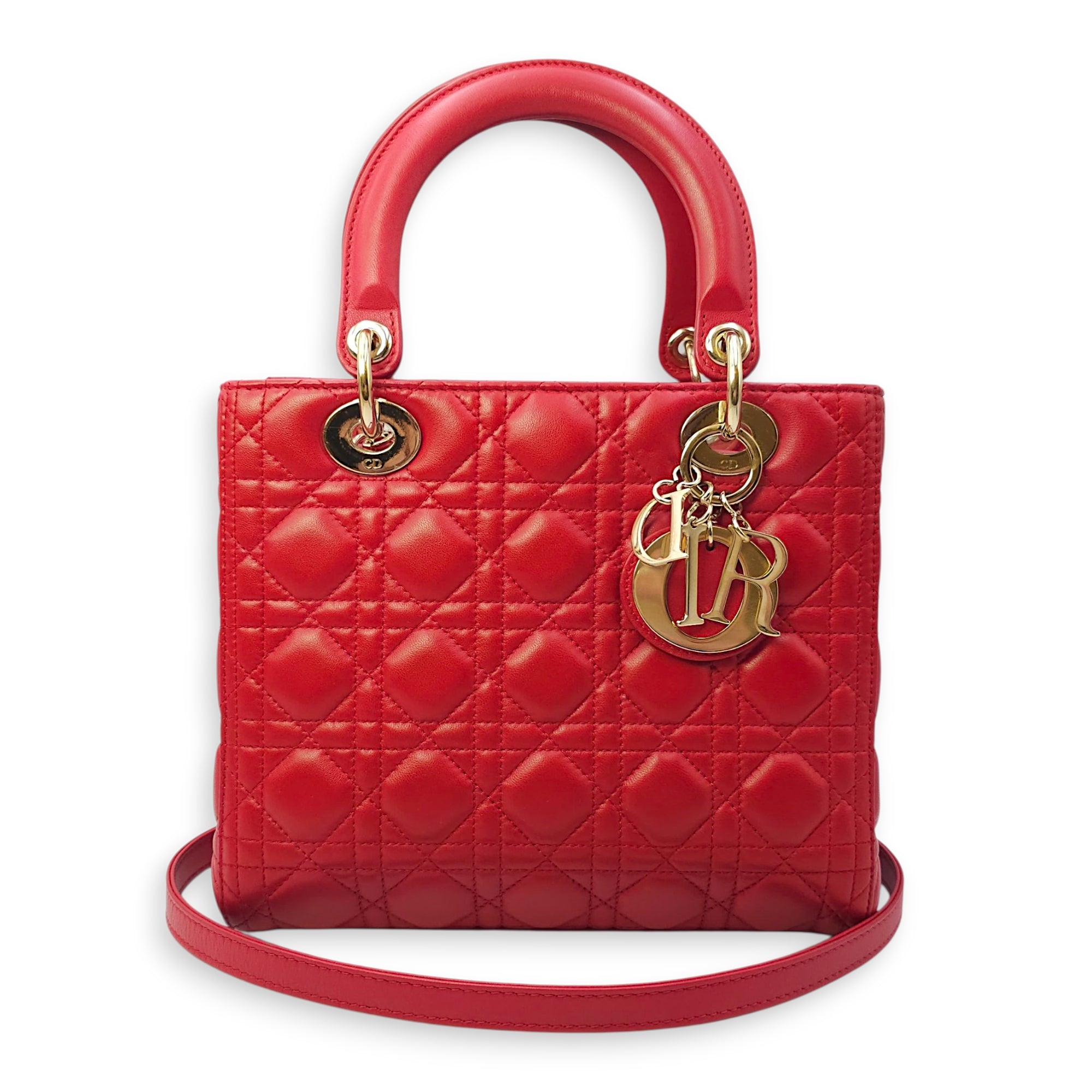Lady Dior Medium Red Shoulder Bag in Lambskin, Gold hardware