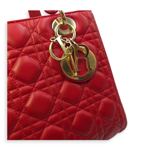 Lady Dior Medium Red Shoulder Bag in Lambskin, Gold hardware