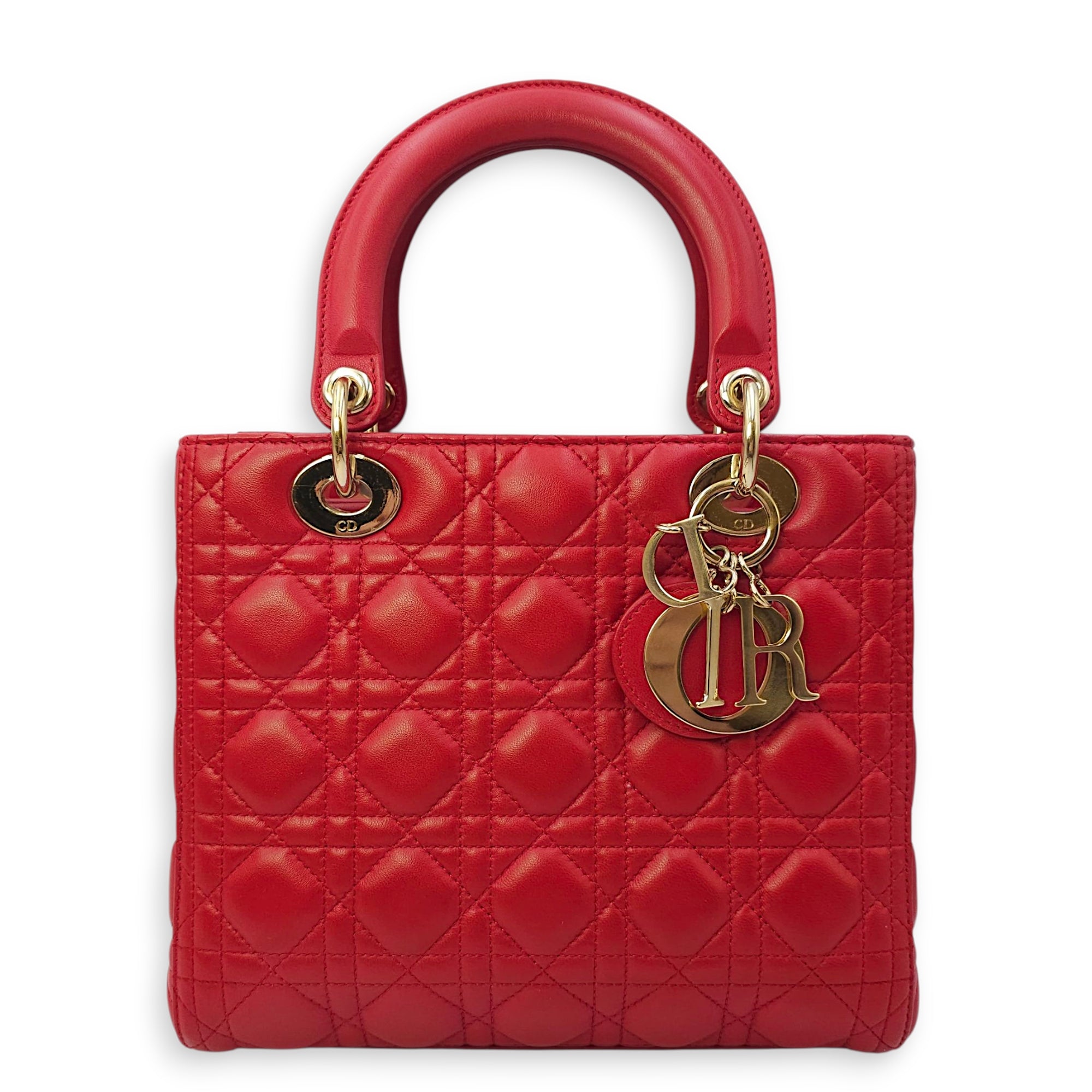 Lady Dior Medium Red Shoulder Bag in Lambskin, Gold hardware