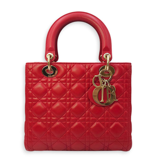 Lady Dior Medium Red Shoulder Bag in Lambskin, Gold hardware