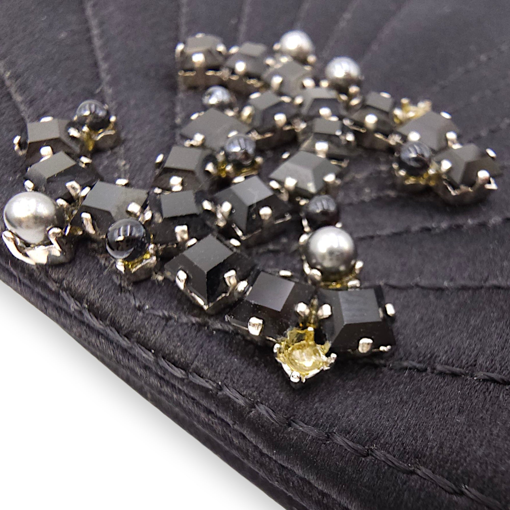 CC Black Clutch in Satin, Pearls/Beads hardware