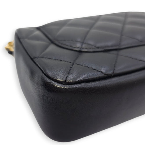 Quilted CC Square Mini Black Flap Bag with Pearl Chain in Lambskin, Gold hardware