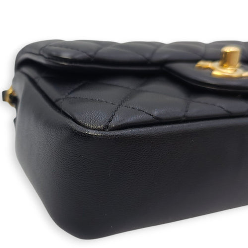 Quilted CC Square Mini Black Flap Bag with Pearl Chain in Lambskin, Gold hardware