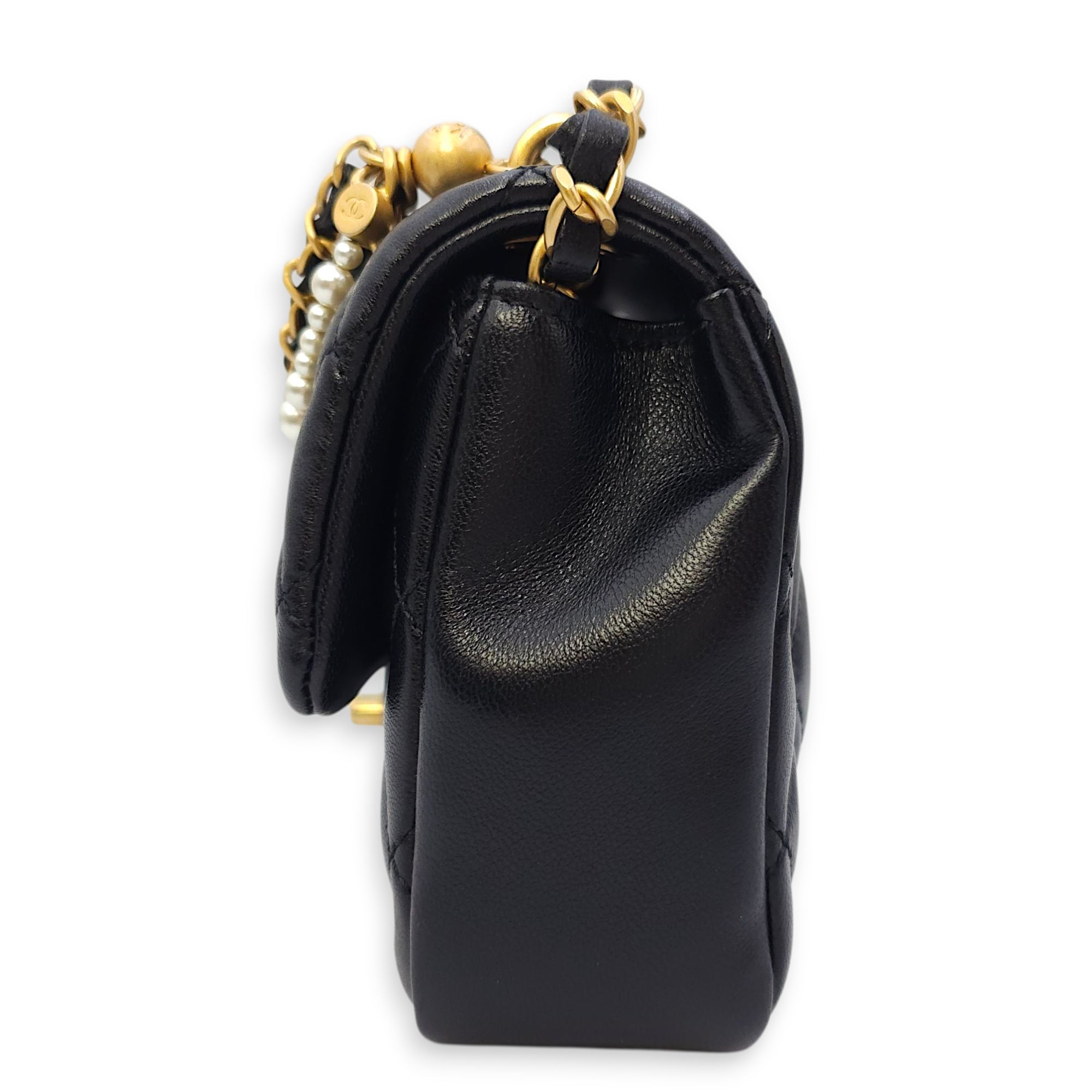 Quilted CC Square Mini Black Flap Bag with Pearl Chain in Lambskin, Gold hardware