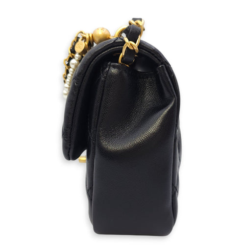 Quilted CC Square Mini Black Flap Bag with Pearl Chain in Lambskin, Gold hardware