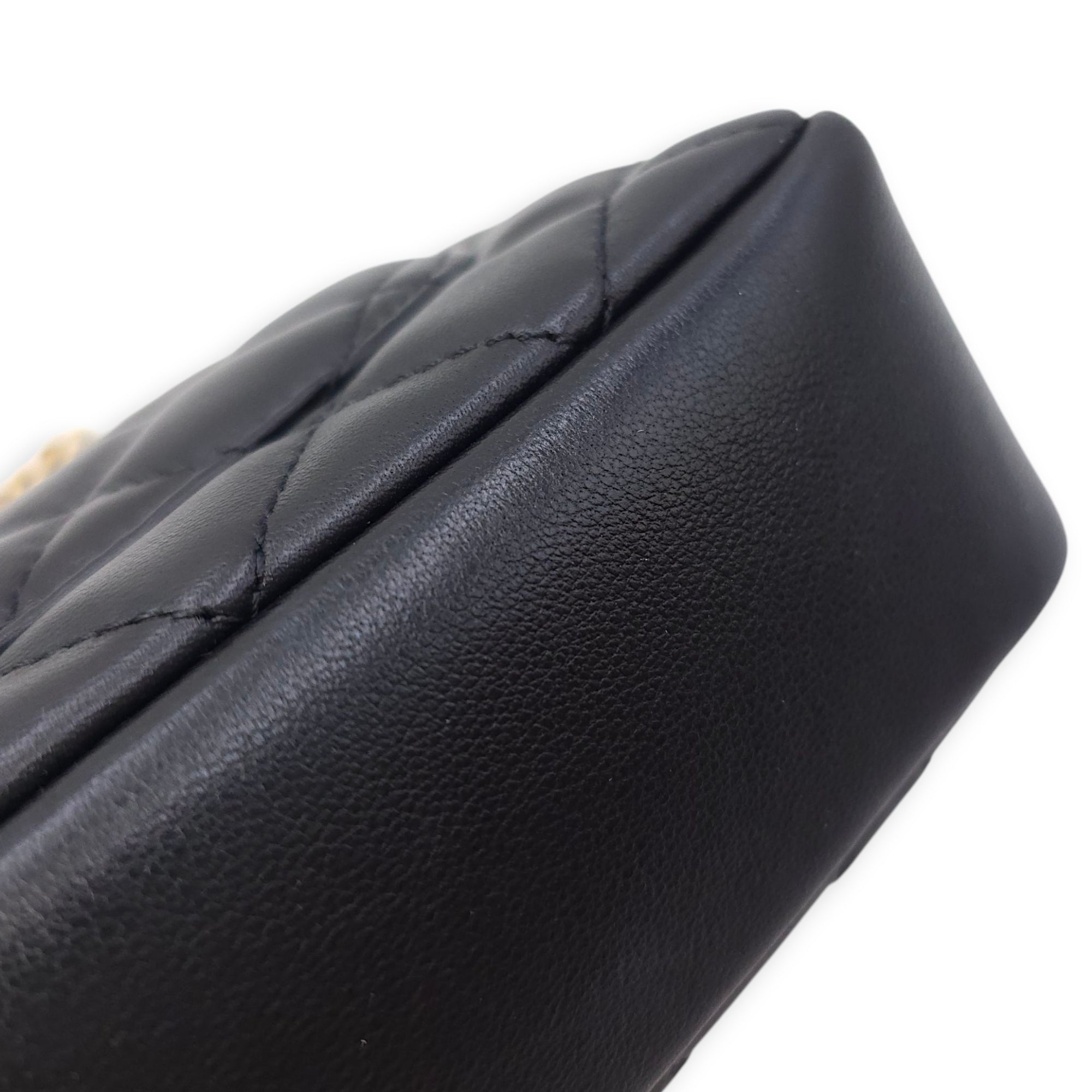 Quilted CC Square Mini Black Flap Bag with Pearl Chain in Lambskin, Gold hardware