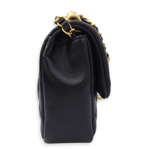 Quilted CC Square Mini Black Flap Bag with Pearl Chain in Lambskin, Gold hardware