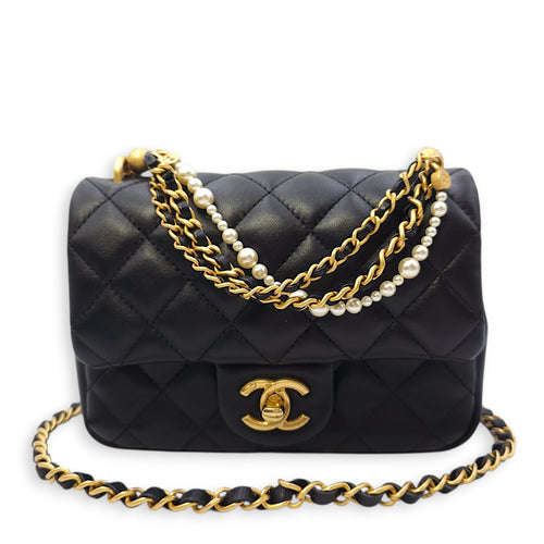 Quilted CC Square Mini Black Flap Bag with Pearl Chain in Lambskin, Gold hardware