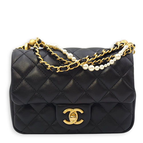 Quilted CC Square Mini Black Flap Bag with Pearl Chain in Lambskin, Gold hardware