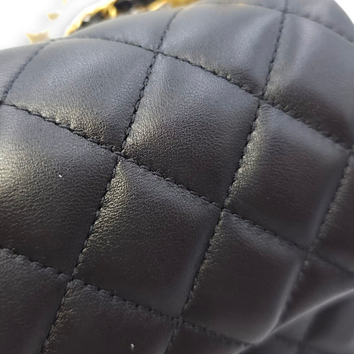 Quilted CC Square Mini Black Flap Bag with Pearl Chain in Lambskin, Gold hardware