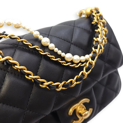 Quilted CC Square Mini Black Flap Bag with Pearl Chain in Lambskin, Gold hardware