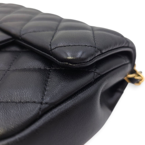Quilted CC Square Mini Black Flap Bag with Pearl Chain in Lambskin, Gold hardware