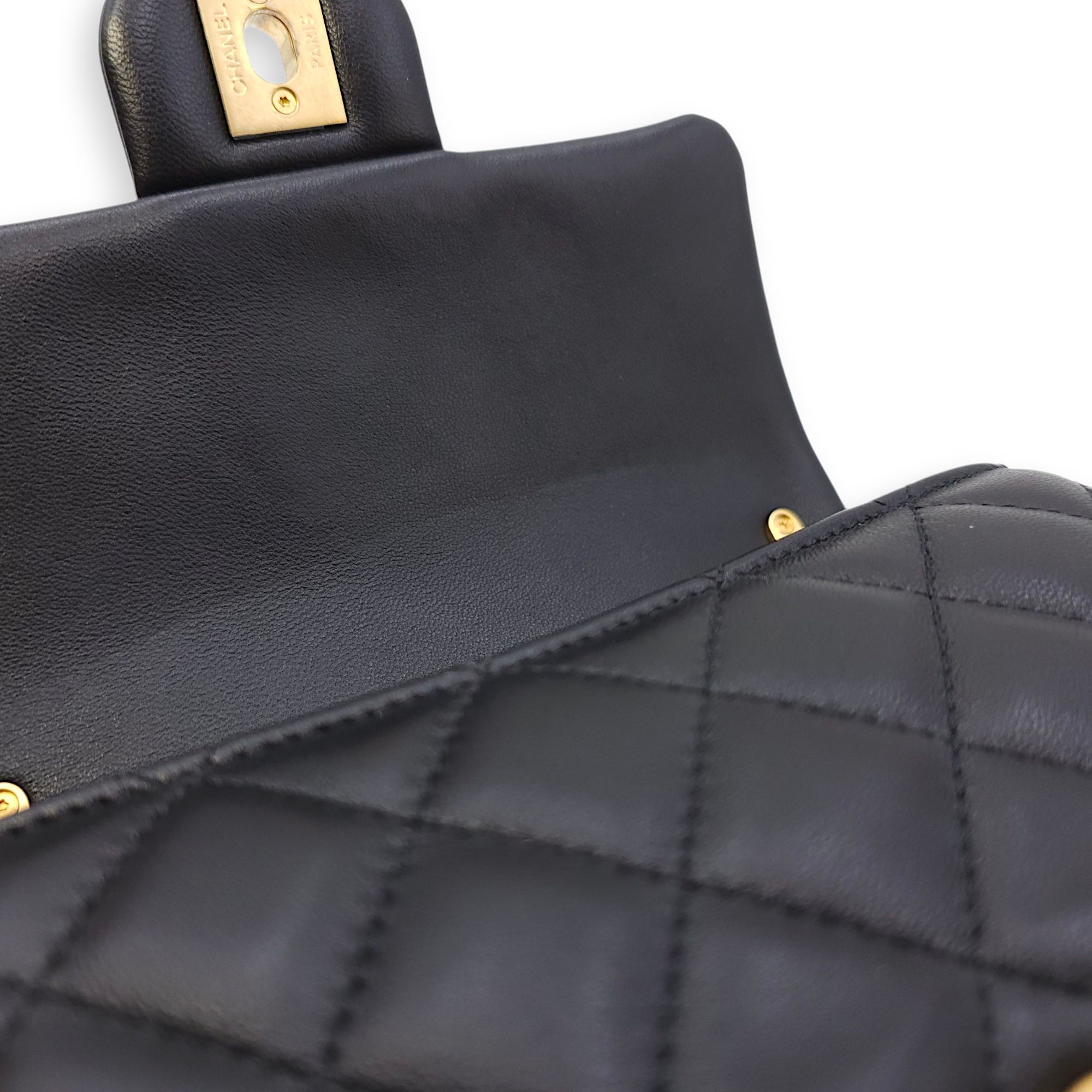 Quilted CC Square Mini Black Flap Bag with Pearl Chain in Lambskin, Gold hardware