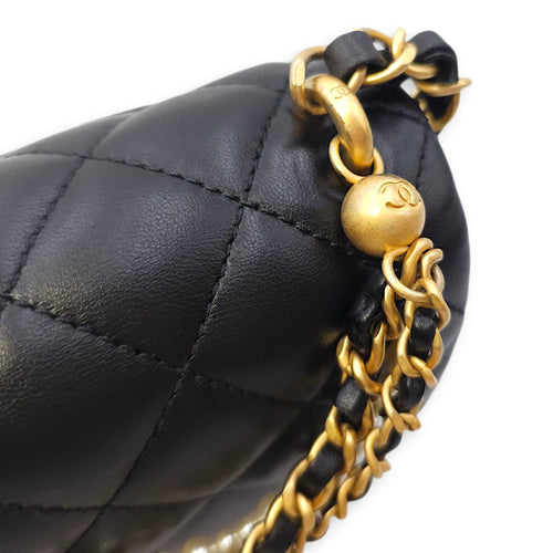 Quilted CC Square Mini Black Flap Bag with Pearl Chain in Lambskin, Gold hardware