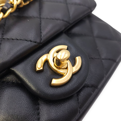 Quilted CC Square Mini Black Flap Bag with Pearl Chain in Lambskin, Gold hardware