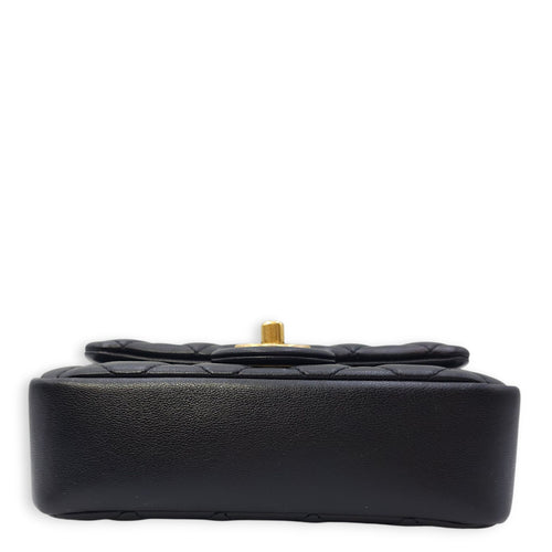 Quilted CC Square Mini Black Flap Bag with Pearl Chain in Lambskin, Gold hardware