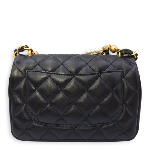 Quilted CC Square Mini Black Flap Bag with Pearl Chain in Lambskin, Gold hardware