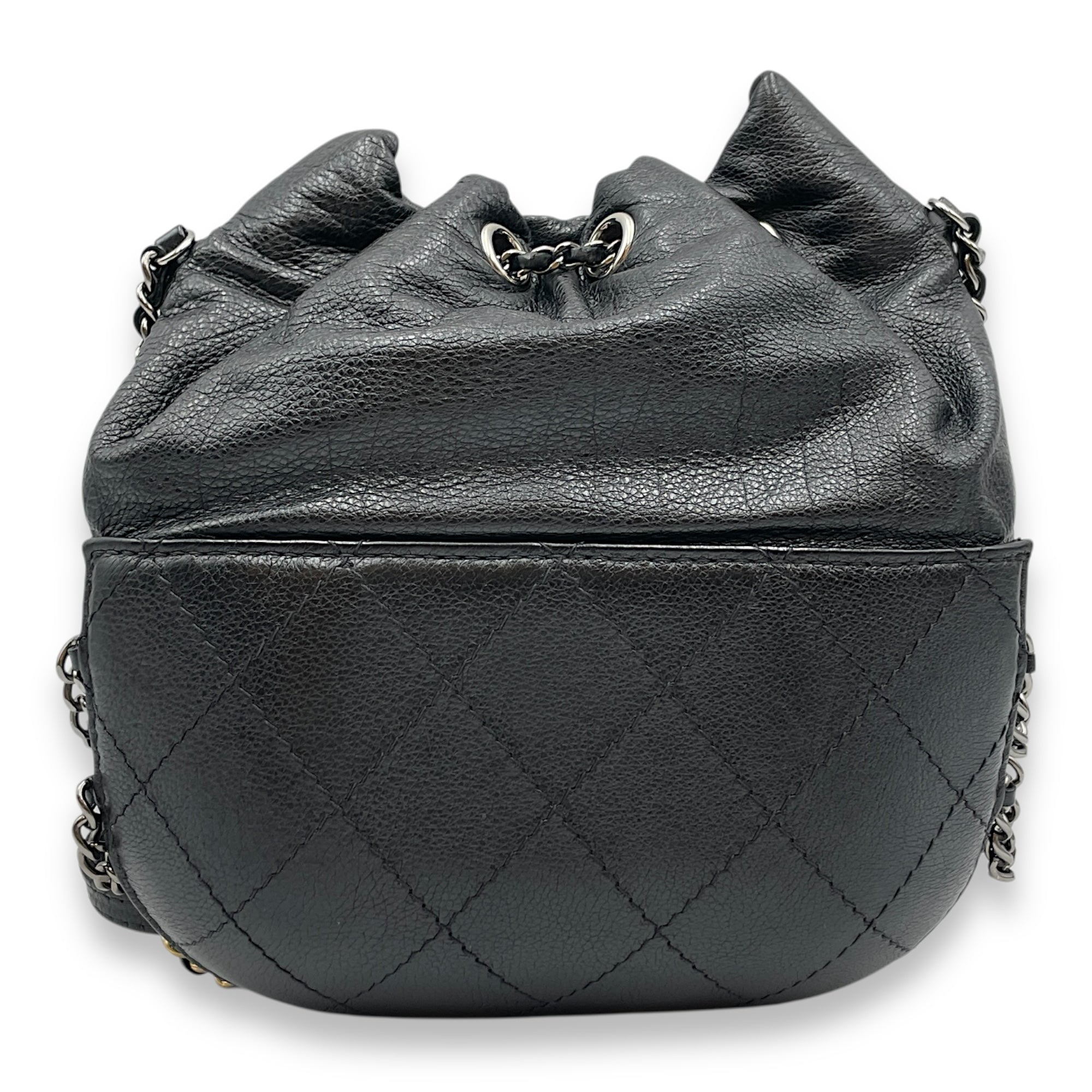 Gabrielle Drawstring Black Bucket with Chain in Calfskin, 2-Tone hardware