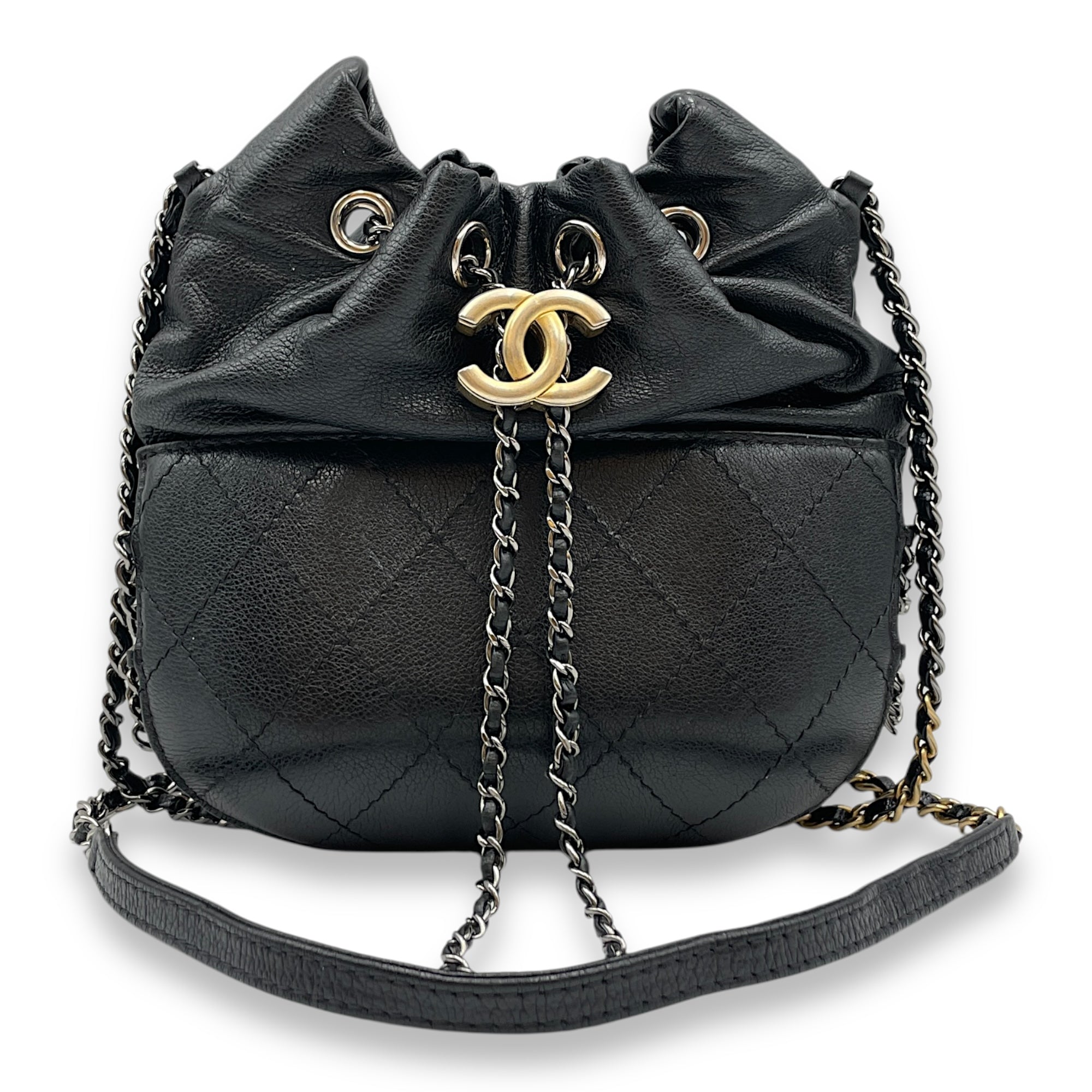 Gabrielle Drawstring Black Bucket with Chain in Calfskin, 2-Tone hardware