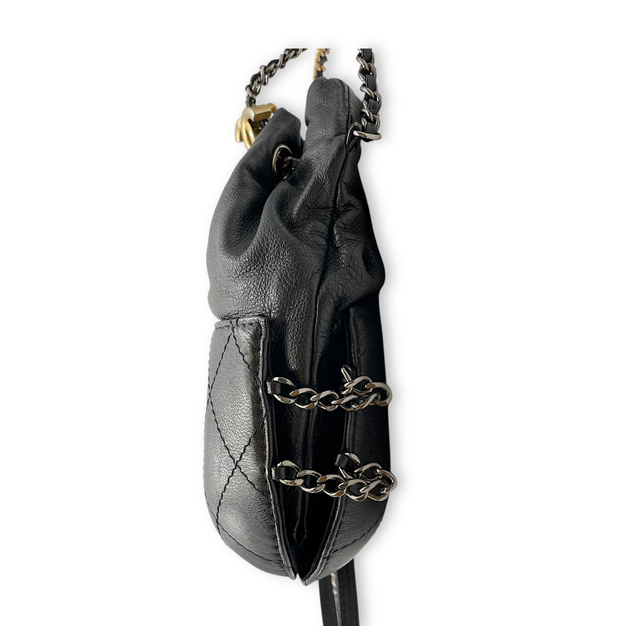 Gabrielle Drawstring Black Bucket with Chain in Calfskin, 2-Tone hardware