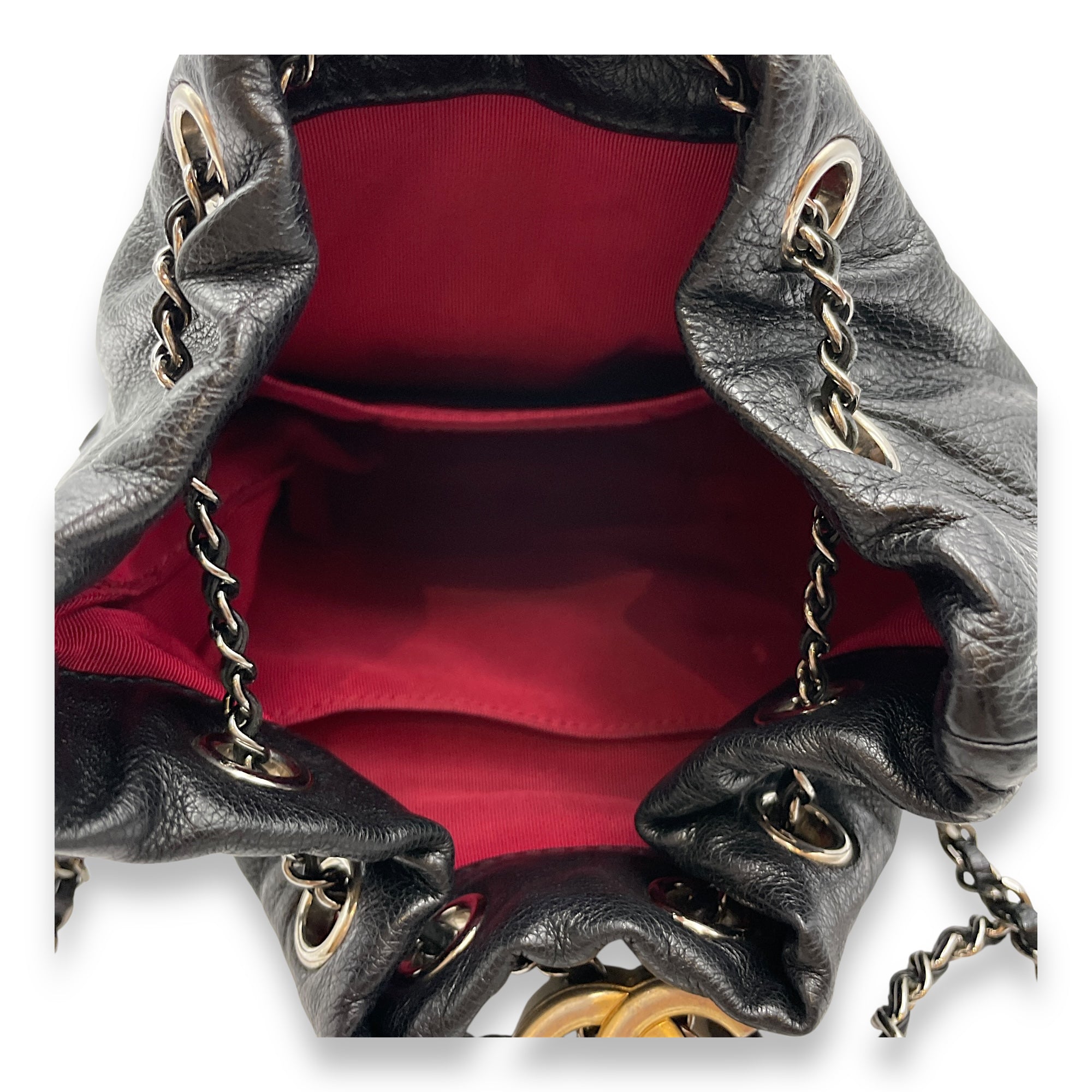 Gabrielle Drawstring Black Bucket with Chain in Calfskin, 2-Tone hardware